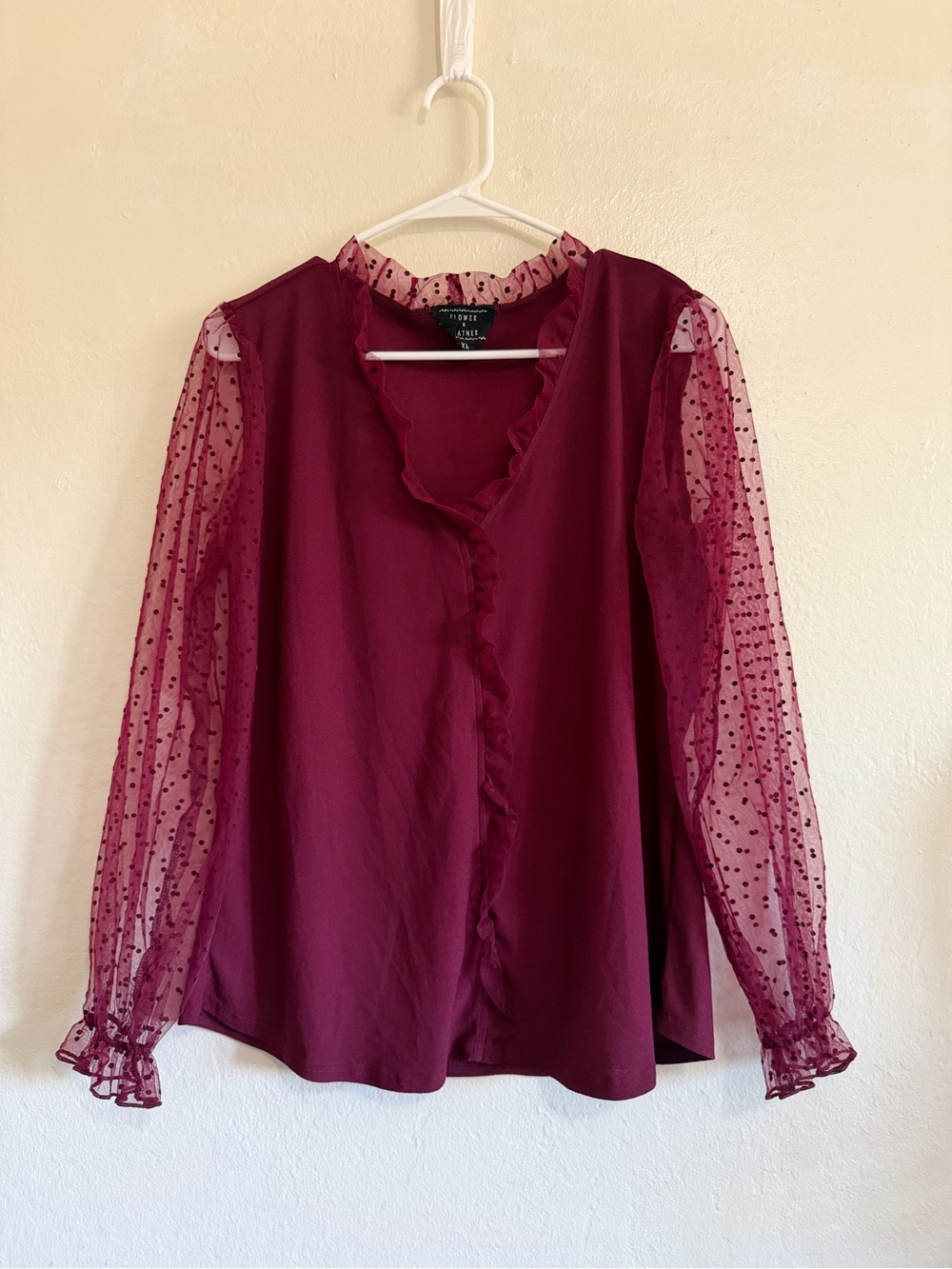Flower & Feather Burgundy Ruffle Polka Dot Mesh Sleeve Blouse